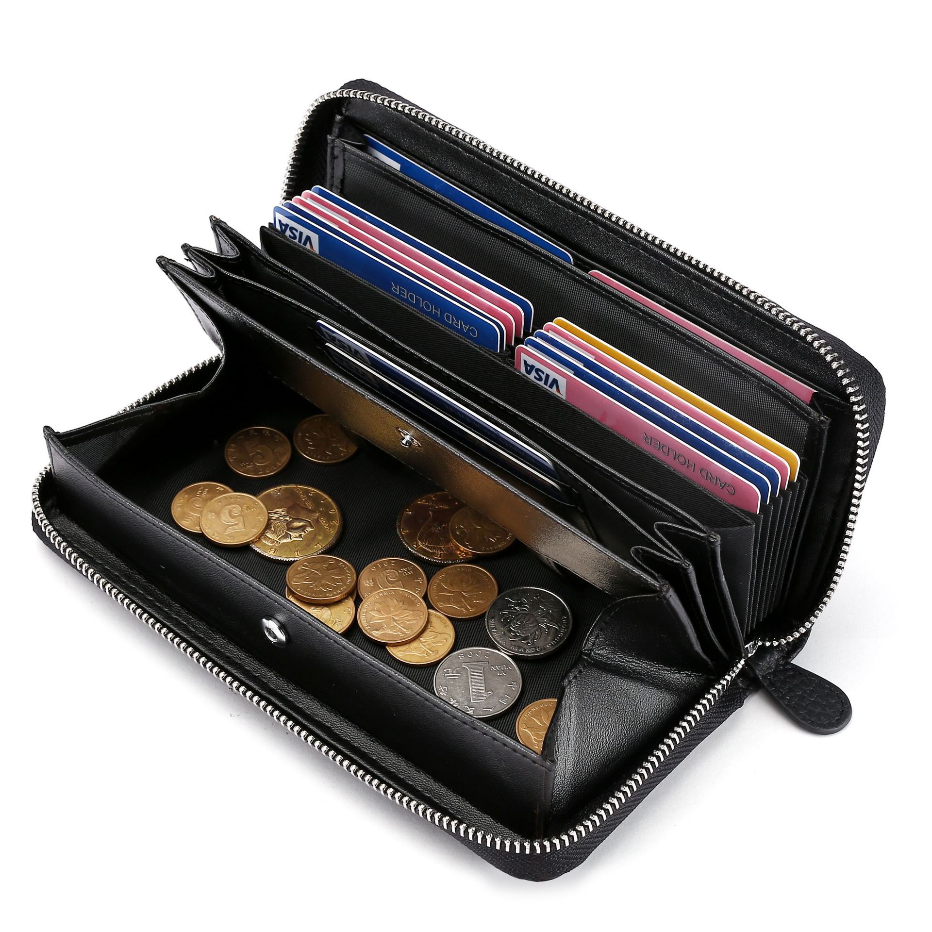 Gran patrón de cuero genuino de las mujeres largas billetera de moda embrague RFID antirrobo cepillo de piel de vaca titular de la tarjeta monedero