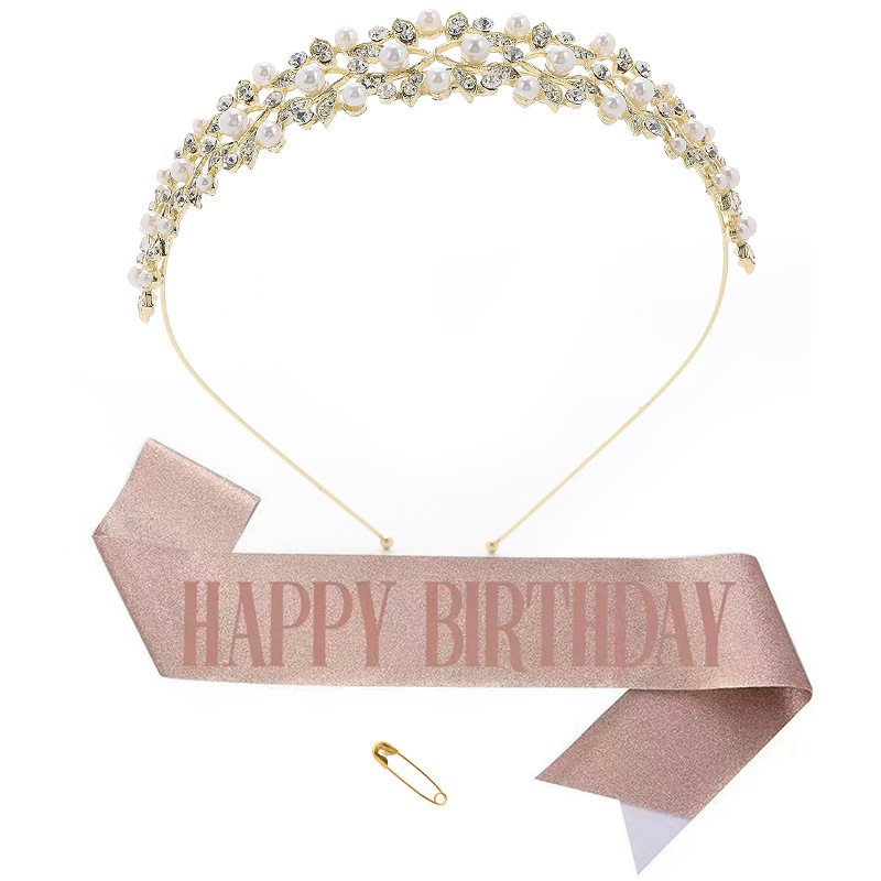 Golden crown+happybirthday rose gold ribbon