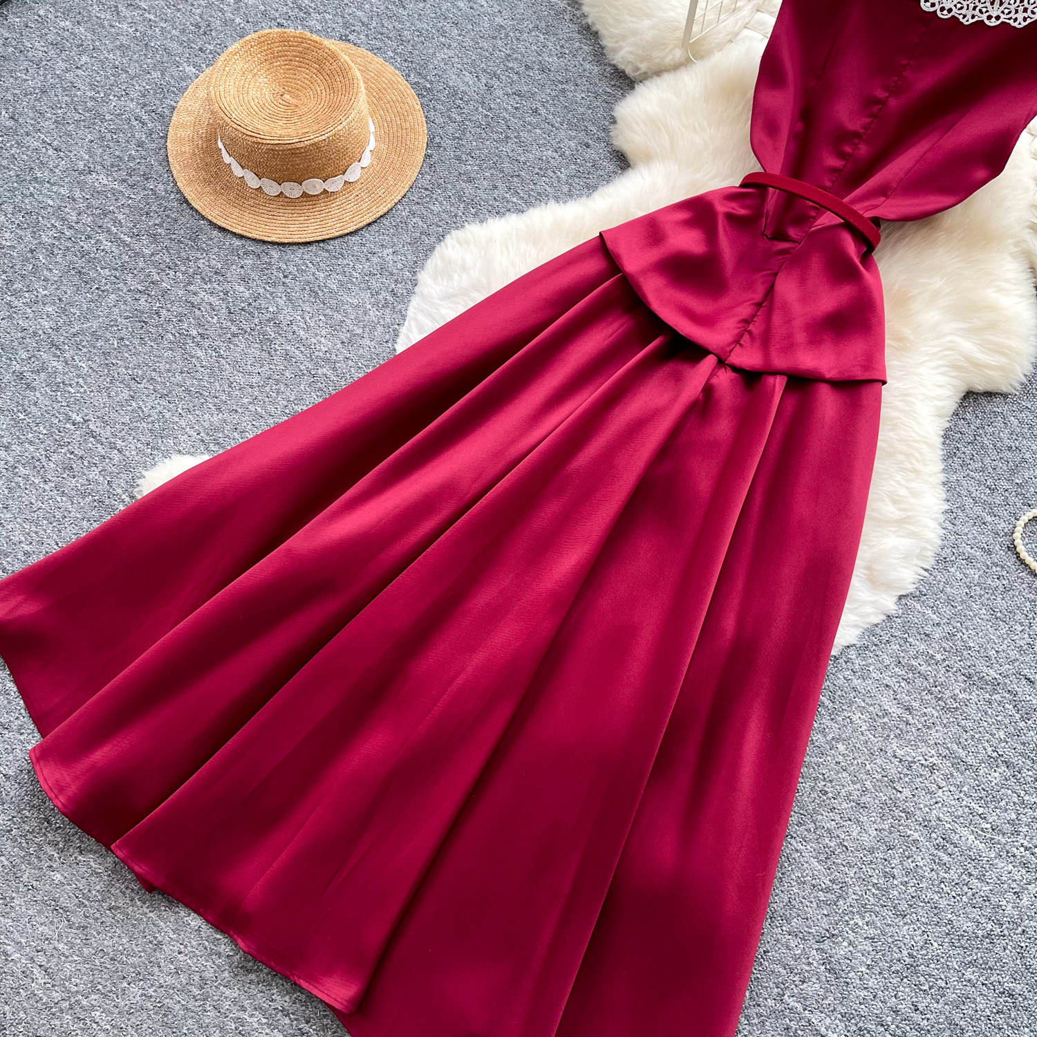Elegant High-Waisted A-Line Dress Red Lace Peter Pan Collar Summer Commute Suitable Women's Clothing_ecoleips.com