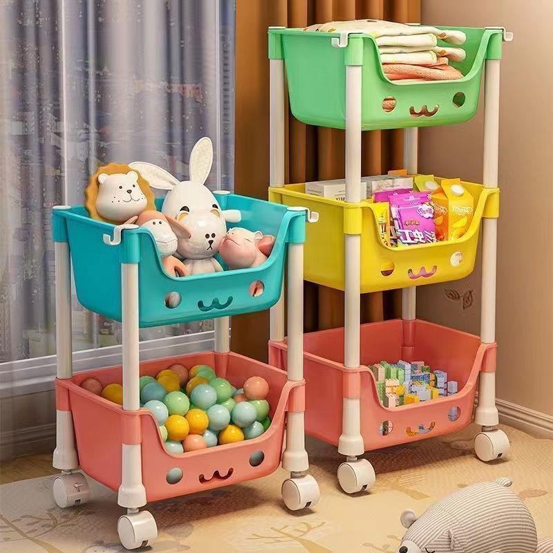Cartoon Smiley Face Trolley, Macaron Multi-layer Storage Rack, Children's Toy Floor Storage with Wheels, Household Movable Storage