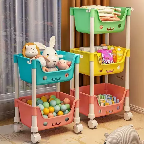 Cartoon Smiley Face Trolley, Macaron Multi-layer Storage Rack, Children's Toy Floor Storage with Wheels, Household Movable Storage