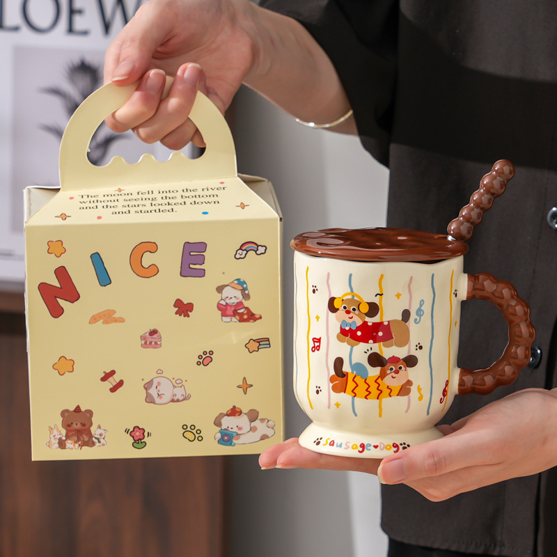 かわいいダックスフントセラミックマグ蓋スプーン付き家庭用飲料朝食コーヒーミルクカップ実用的な誕生日プレゼント|undefined