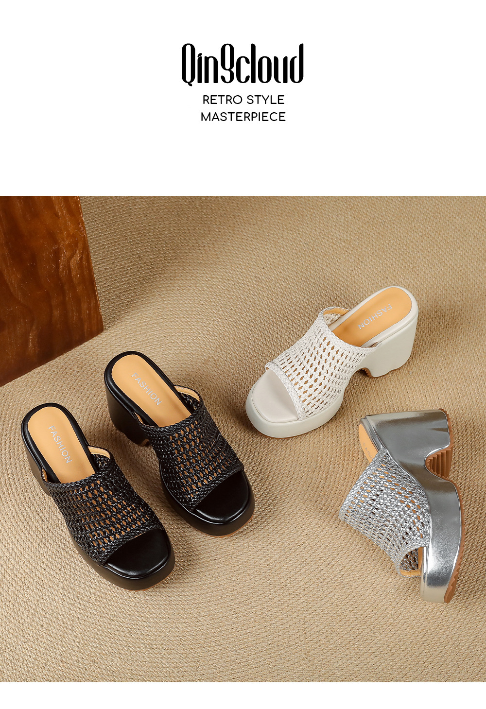 Sandal cao gót nữ hở mũi đế xuồng đan lát phong cách La Mã — màu đen, màu trắng ngà, bạc chi tiết 13