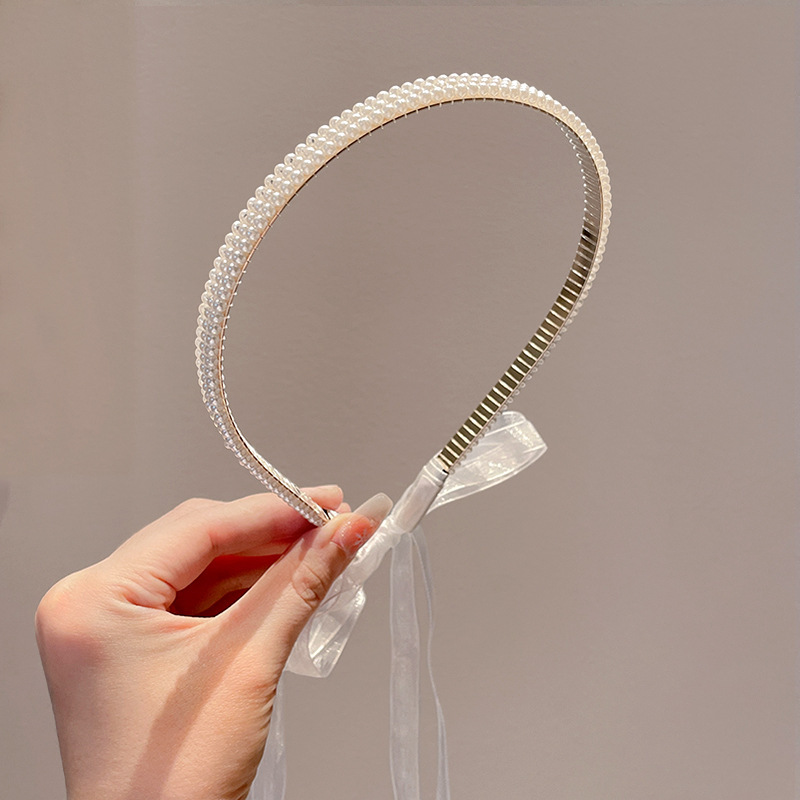 夏の女性のリボンパールヘッドバンド夏の新しい編組ヘアバンド韓国風スウィートプリンセスヘアアクセサリー滑り止め|undefined