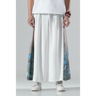 24 summer national style color matching wide leg pants national style men's large size printed loose skirt pants large trousers men's pants wholesale