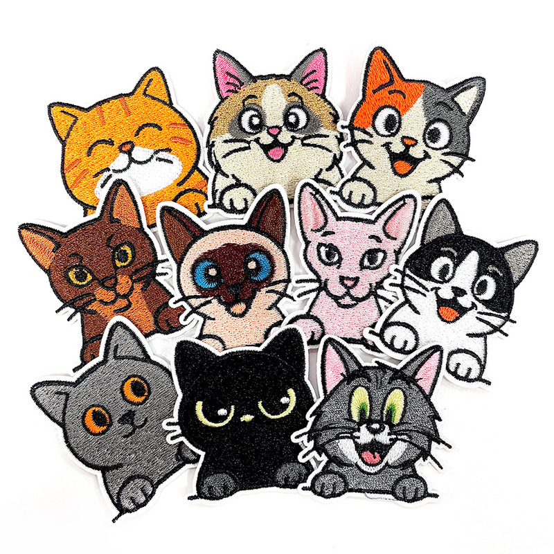 かわいい猫の刺繍布ステッカー、オレンジ猫、三色猫、黒猫など、かわいい表情の粘着アイロン接着パッチ|undefined