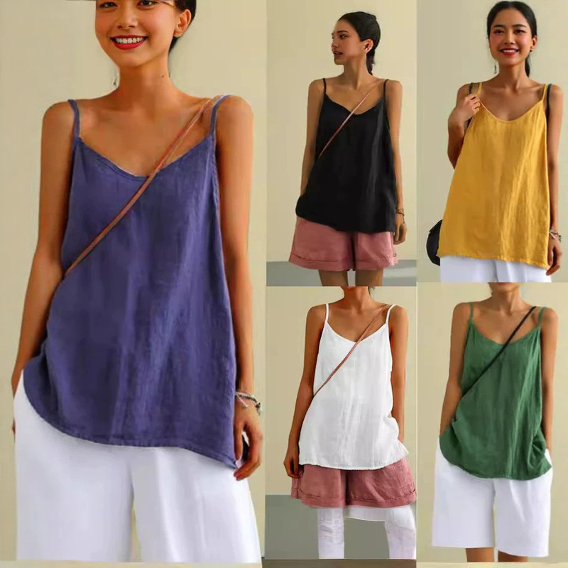 2026 European and American Cotton and Linen Camisole Women's Summer New Loose Cotton and Linen Sleeveless Versatile Base Top
