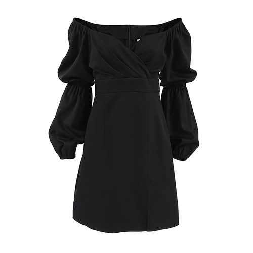 Autumn and winter sexy and mysterious V-neck long-sleeved commuter pleated slim-fitting slit classic fashion dress European and American little black dress