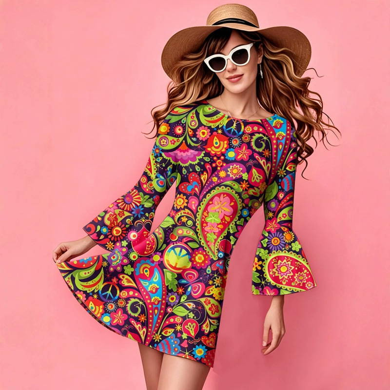 Amazon Halloween 2026 Cross-Border European and American Women's Clothing 1970S Hippie Clothing Printed Dress for Women