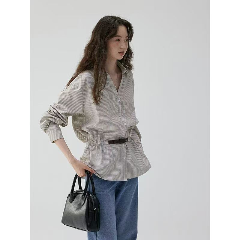 French-Style High-Intellectual Lace-Up Lapel Shirt for Women, 2026 Spring New Collection, Waist-Cinching Long-Sleeve Striped Top