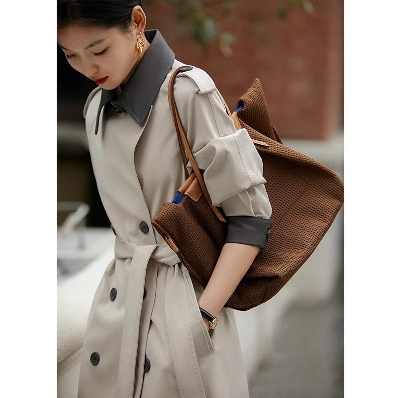 Beige Windbreaker Jacket for Women 2025 Spring and Autum New Korean Style Classy Elegant Double-Breasted Contrasting Color Mid-Length Outwear