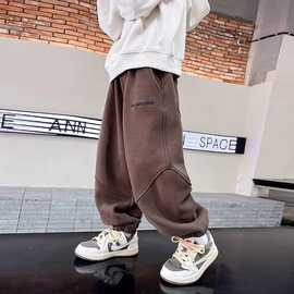 男童秋冬季一体绒休闲运动卫裤2023新款儿童男孩加厚宽松加绒裤子