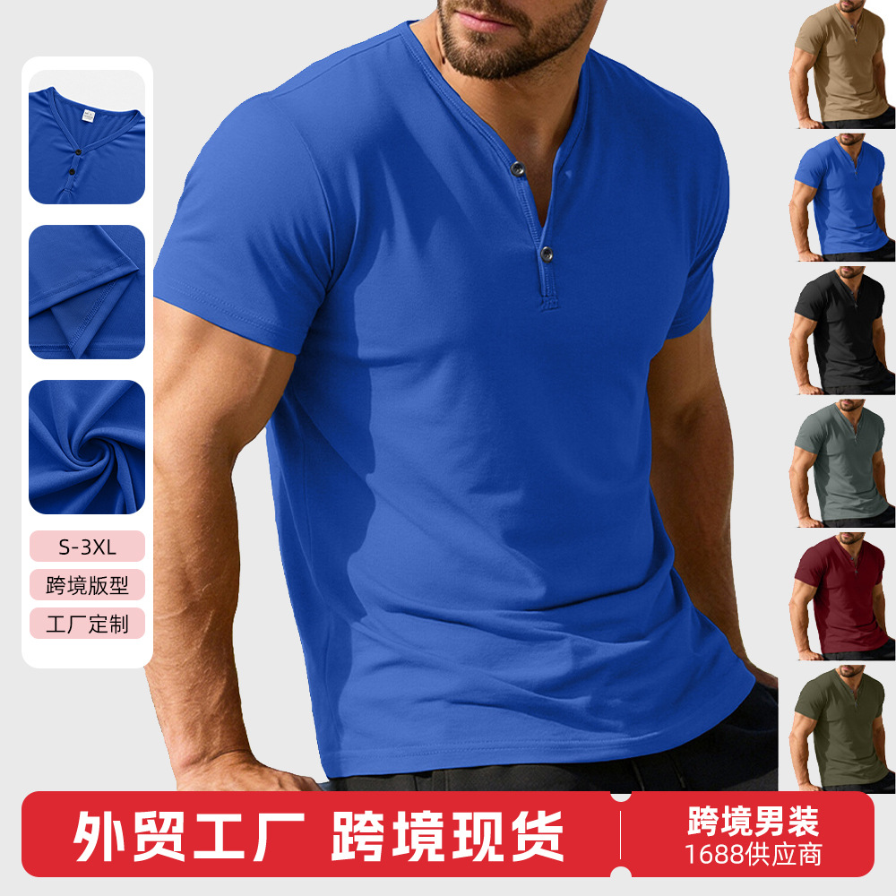 Cross-border TEMU European size men's solid color V-neck breathable sweat-wicking casual sports lightweight regular short-sleeve T-shirt