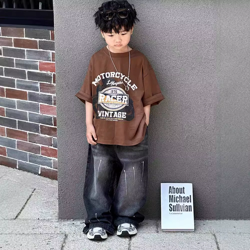 Autumn children's jeans for boys, casual trousers, Korean style, loose straight fit