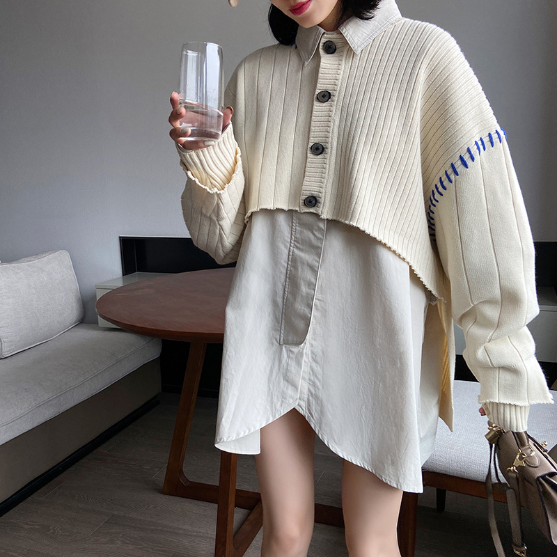 Lucky Bag Korean Style Front Short Back Long Loose Oversized Knitted Cardigan Sweater for Women with Hand-Crocheted Blue Thread Shoulder Patch Cape