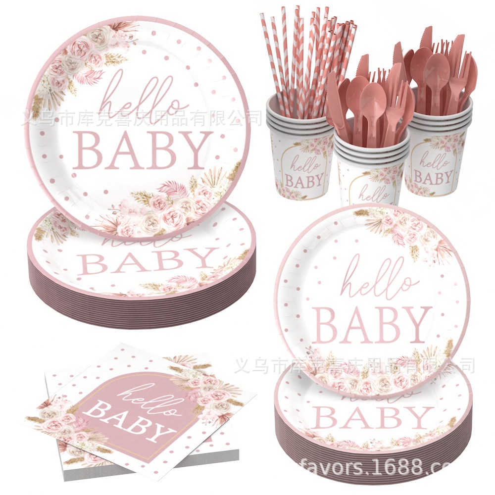 Nuevo plato de fiesta de bautizo de bebé bohemio rosa BABY plato de papel de cumpleaños taza de papel toalla de papel vajilla suministros