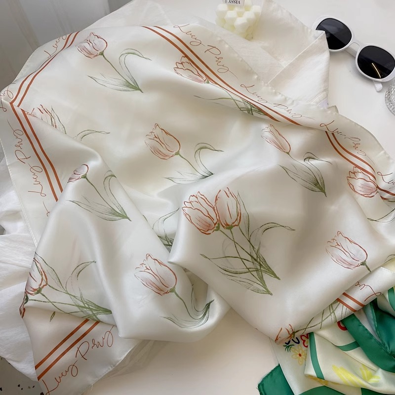 Coreano ~ ins literatura fresca pañuelo de mujer pañuelo de seda tulipa pañuelo de pañuelo romántico suave correa de pelo pañuelo decorativo