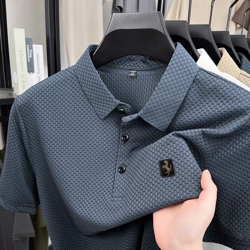 Bamboo Mesh New Style Ice Silk Short-Sleeved Shirt Summer High-End Solid Color Polo Slip-On Men's Half-Sleeved T-Shirt Top