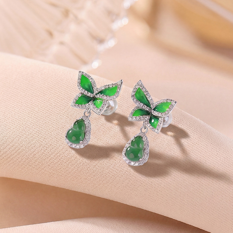 Khuyên tai bạc S925 đính ngọc bích hình bướm hồ lô phong cách xa xỉ — Cặp đôi