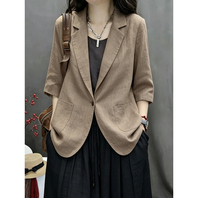 Autumn new Korean and Japanese style simple and versatile cotton-linen casual three-quarter sleeve short jacket, solid color, slimming effect, women's blazer