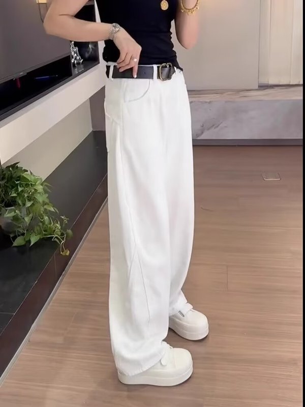 レトロシミタージーンズレディース春秋大きいサイズファットmm洋ナシ体型ゆったりハイウエストスリムストレートワイドレッグパンツ|undefined