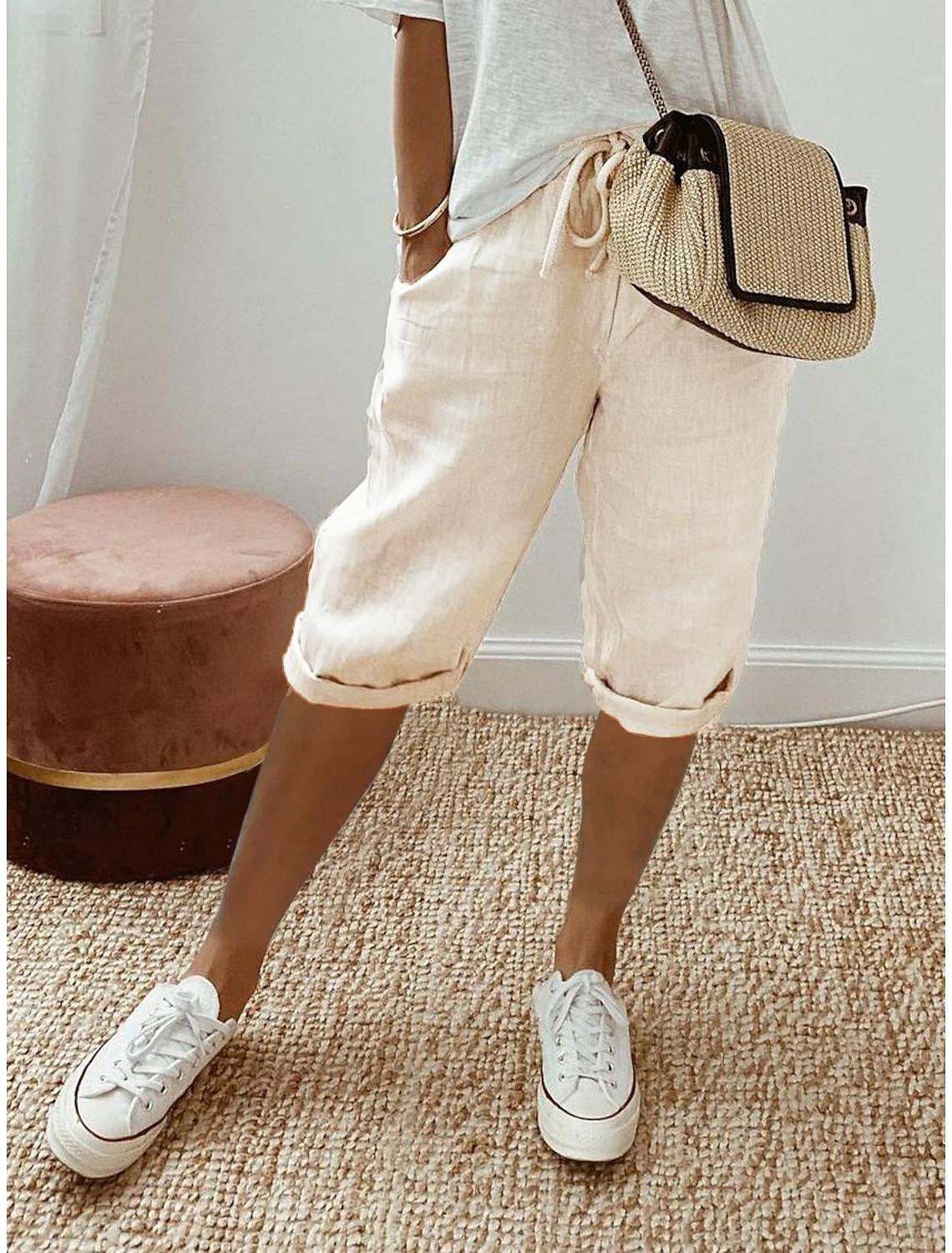 Women's Cotton Linen Casual Pants With Pockets Elastic Waist Five Point Khaki Style_ecoleips.com