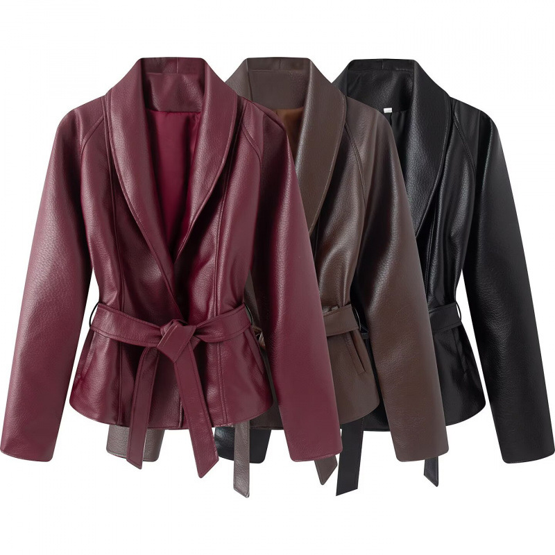 NSSF - Self-made - New cross-border European and American style women's fashion casual turtleneck jacket with belt and leather effect.