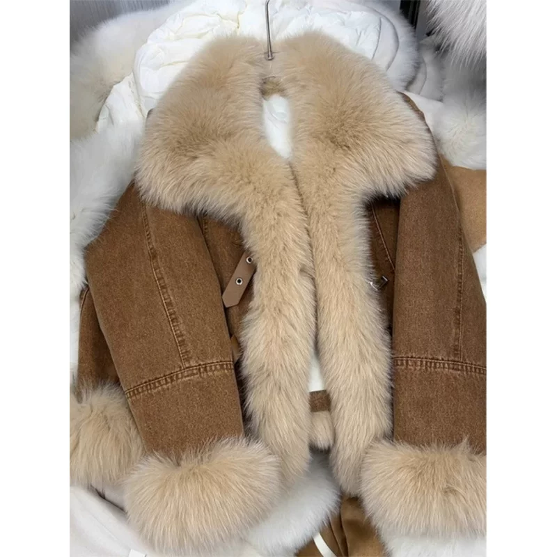 Женская джинсовая пуховая куртка в стиле Chanel, с бархатной утяжкой, светло-коричневая, осень-зима