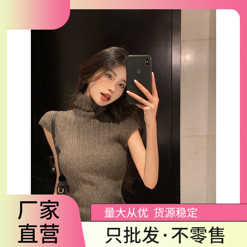 5233# Grey High Neck Knitted Sweater Women's Tight Short Sleeve Inner Sweater Base Shirt Small Short Top