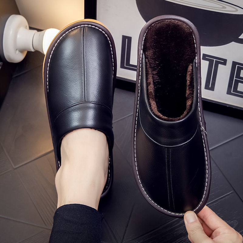 Winter Haining First-Layer Cowhide Cotton Slippers for Women, Indoor Non-Slip Waterproof Soft-Soled Couple's Home Cotton Slippers for Men Winter Haining First-Layer Cowhide Cotton Slippers for Women, Indoor Non-Slip Waterproof Soft-Soled Couple's Home Cotton Slippers for Men
