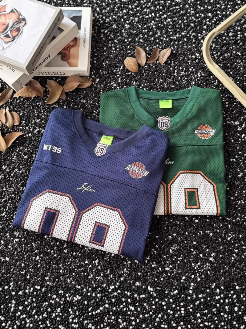 Unisex vintage mesh V-neck football jersey T-shirt detail 2