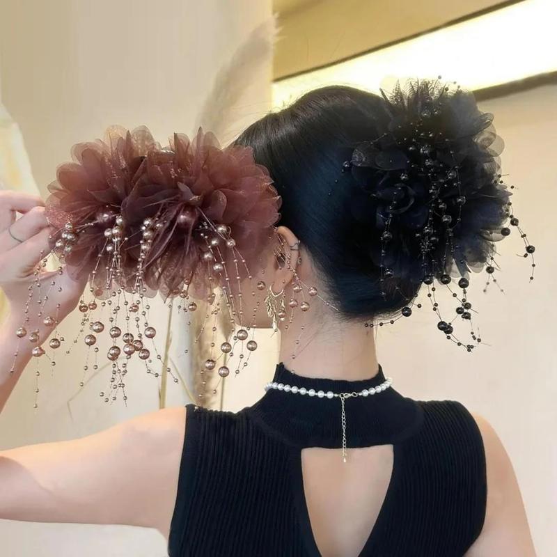 フェザービーズタッセルフラワーヘアピンふわふわ牡丹フラワーグリッパー髪量を表示するシャーククリップ気質ヘアフラワーヘアアクセサリー|undefined