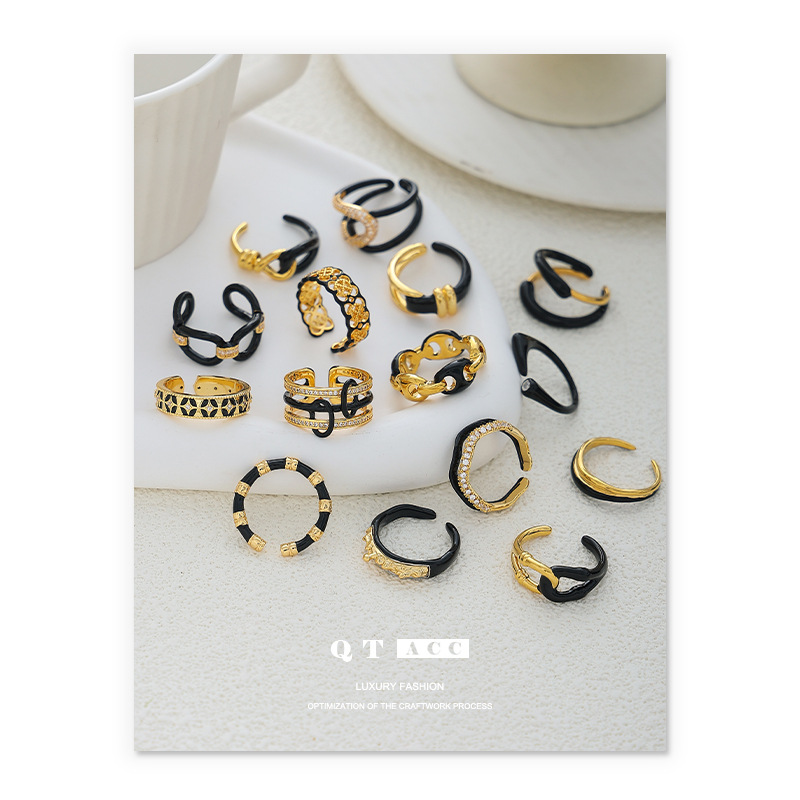 Moda retro europea y americana de latón galvanizado oro real de alta calidad gota de aceite anillo abierto diseño personalizado anillo negro para las mujeres