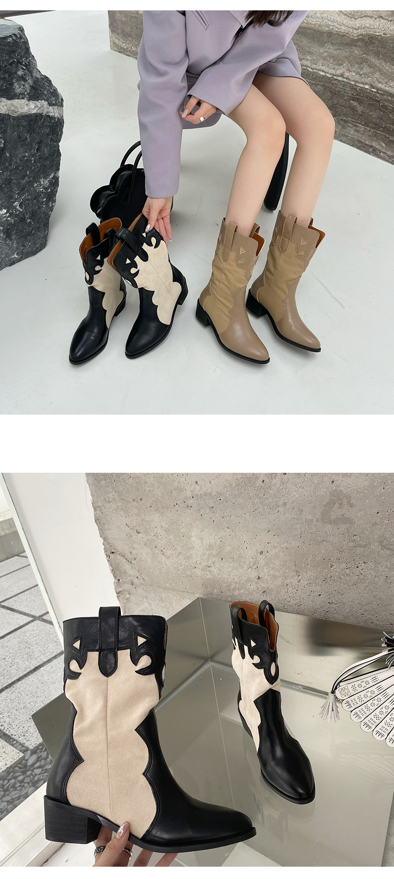 2024 Fashion Pointed Korean Edition Temperament Splicing Simple and Versatile Sleeve Thick Heel Short Boots for Women_voghion.com
