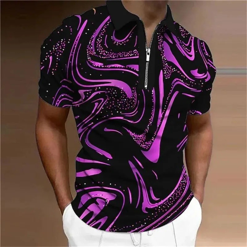 2024 venta caliente personalidad moda impresión 3D hombres verano calle suelta solapa manga corta cremallera camisa POLO