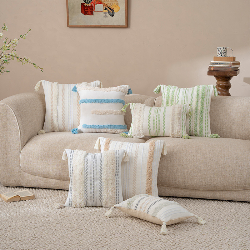 Tufted Pillow Sofa Cushion Tassel Scandinavian Retro Office Lumbar Support Home Cushion Cover Model Room B&B Decoration