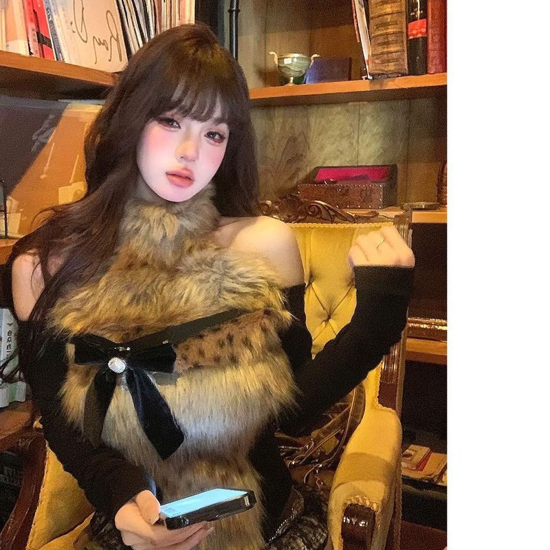 冬季新款豹纹拼接露肩纯欲风蝴蝶结针织上衣高腰蛋糕蓬蓬裙两件套|undefined