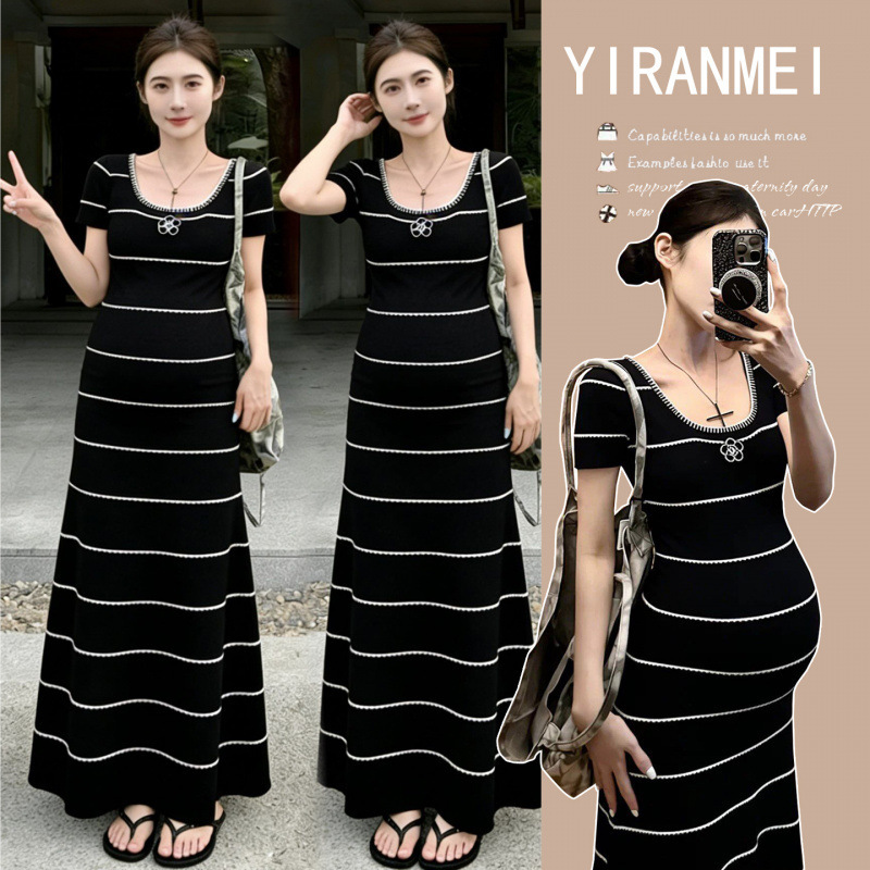 Maternity Wear Women's Summer Dress 2026 New Stylish Short-Sleeved Striped Dress Summer Pregnancy French-Style Long Dress Set