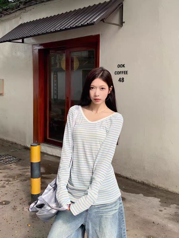 韩系甜美风气质条纹v领防晒罩衫女夏季设计感学院风百搭辣妹上衣|undefined