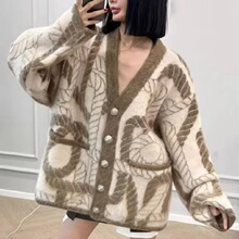 现货 秋冬新款大毛衣女加厚软糯撞色韩版宽松慵风开衫中长款外套