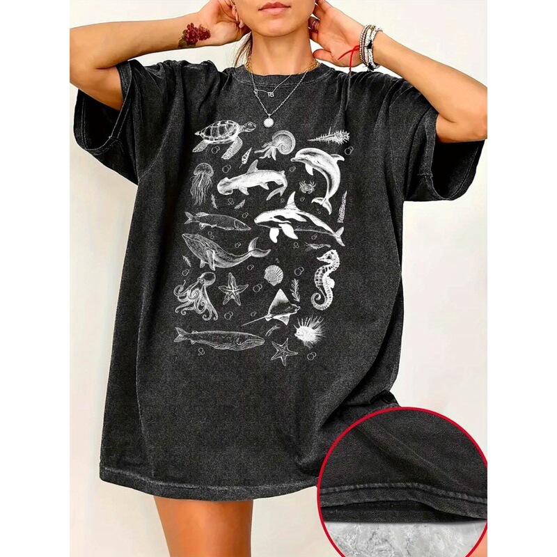 【European Size Cotton T-Shirt】Women's 90S Retro Ocean Life Whale and Marine Life Print Loose T-Shirt 【European Size Cotton T-Shirt】Women's 90S Retro Ocean Life Whale and Marine Life Print Loose T-Shirt