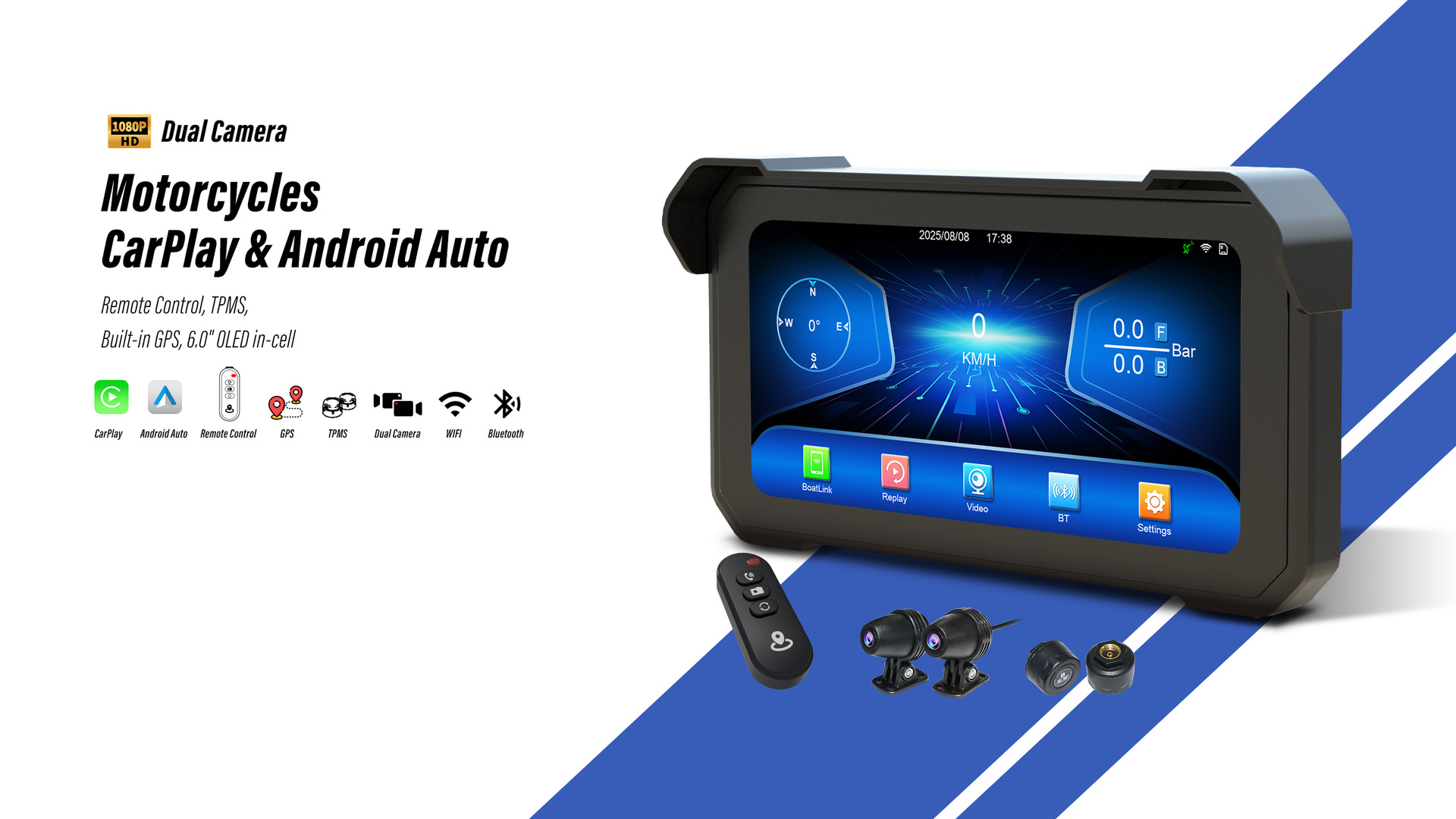 Cross-Border New Product 6inch Motorcycle Dashcam with Dual Front and Rear Cameras, Wireless Motorcycle Carplay Screen