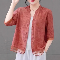 ママの夏の半袖カーディガン 2025 新しい中高年女性のファッションシャツ薄いカジュアルシャツトップ