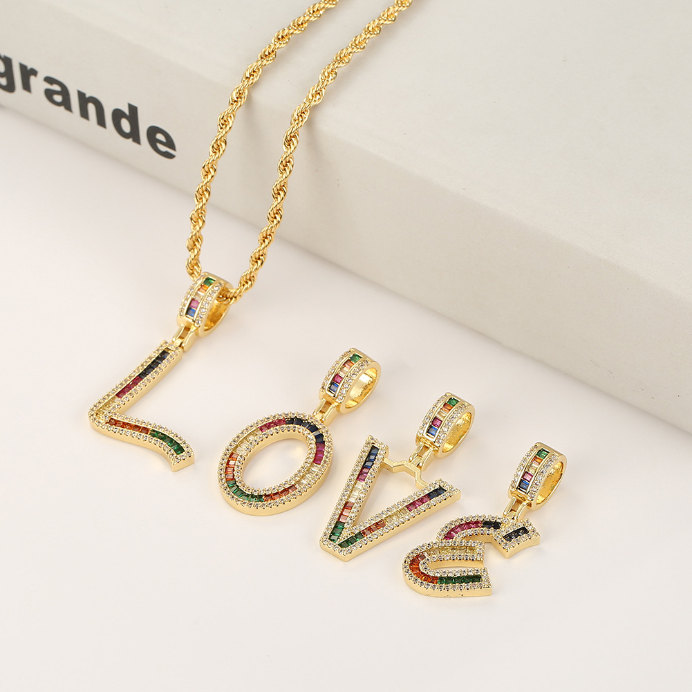 Hip Hop Color Zircon 26 English Letter Copper Necklace