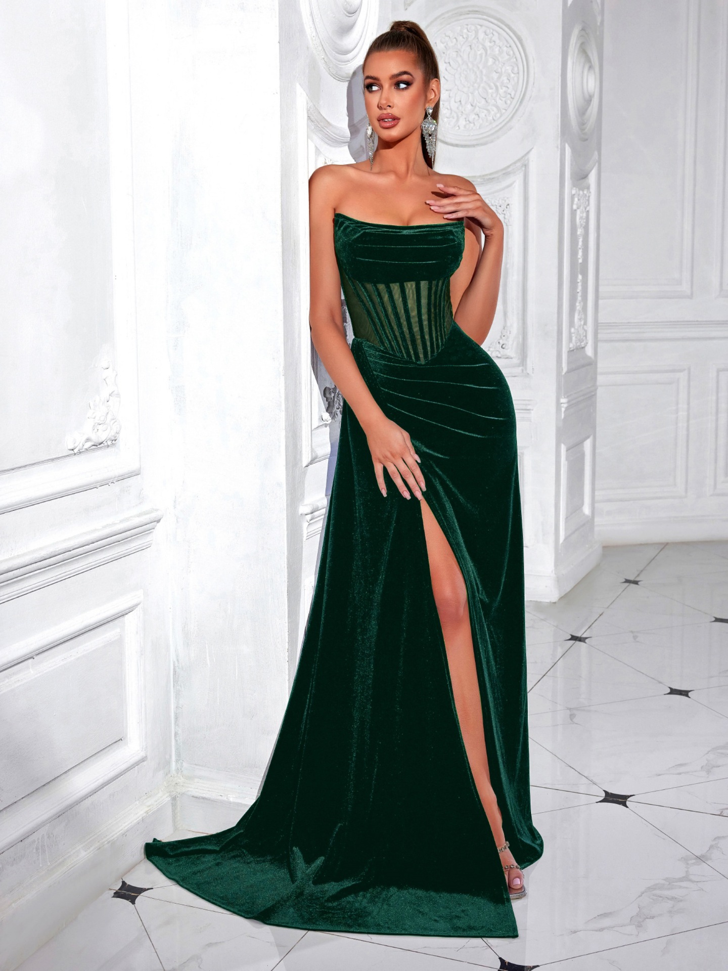 Nuevo vestido de terciopelo coreano transfronterizo sexy de hueso de pez, vestido de fiesta de pecho, vestido largo de alta gama al por mayor