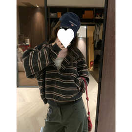 原版色织条 美式复古条纹卫衣设计感连帽外套开衫女