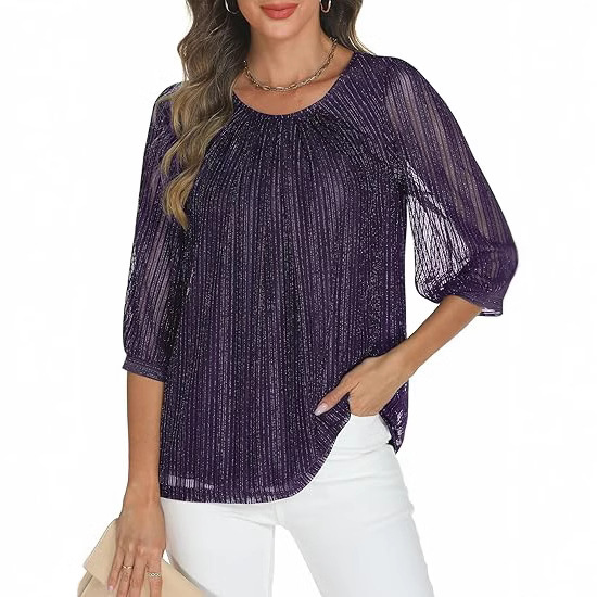 2025 European and American Amazon Hot Style Glitter Top Casual Loose Fit Mesh Pleated Double Layer Waist Top