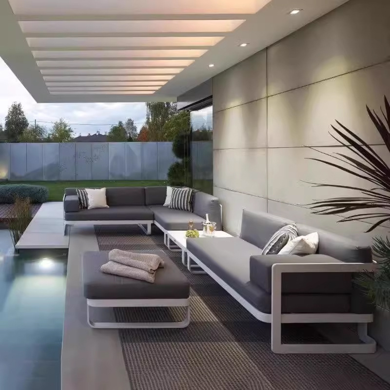 Sofá de aleación de aluminio al aire libre, villa de jardín, hotel, protección solar, impermeable, ocio, balcón al aire libre, combinación de muebles de acero inoxidable