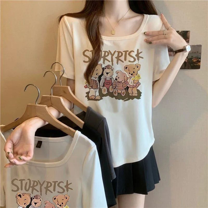 Right Shoulder U-Neck Short-Sleeved Shaping T-Shirt for Women Summer New Slimming Look Design Versatile Short Top Ins