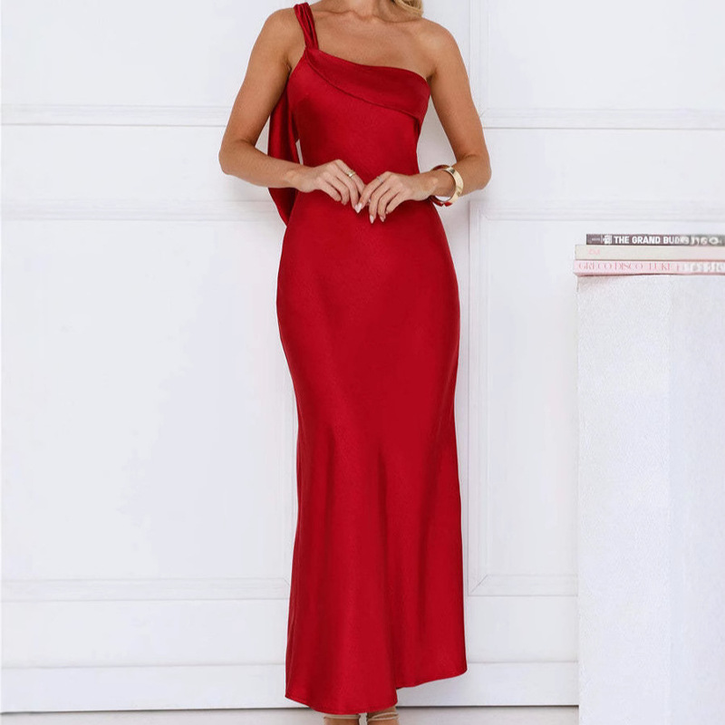2026 European and American Cross-Border Women's Fashion Solid Color Sexy High-End Satin Slit Long Dress Amazon Dress